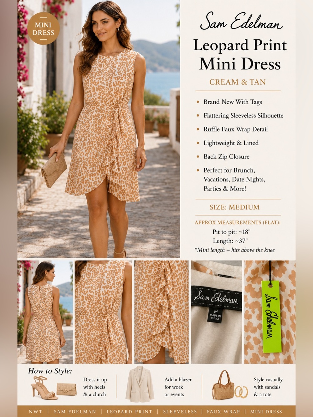 Sam Edelman NWT Leopard Print Mini Dress Tan‎ Cream Ruffle Faux Wrap Size M